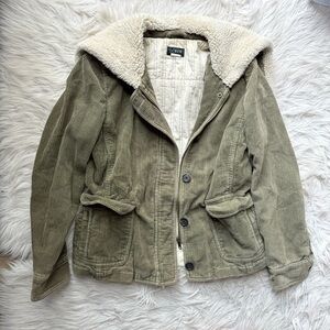 Vintage Y2K J.Crew Matcha Green Corduroy CabinCore Coat Jacket Sherpa Hooded S
